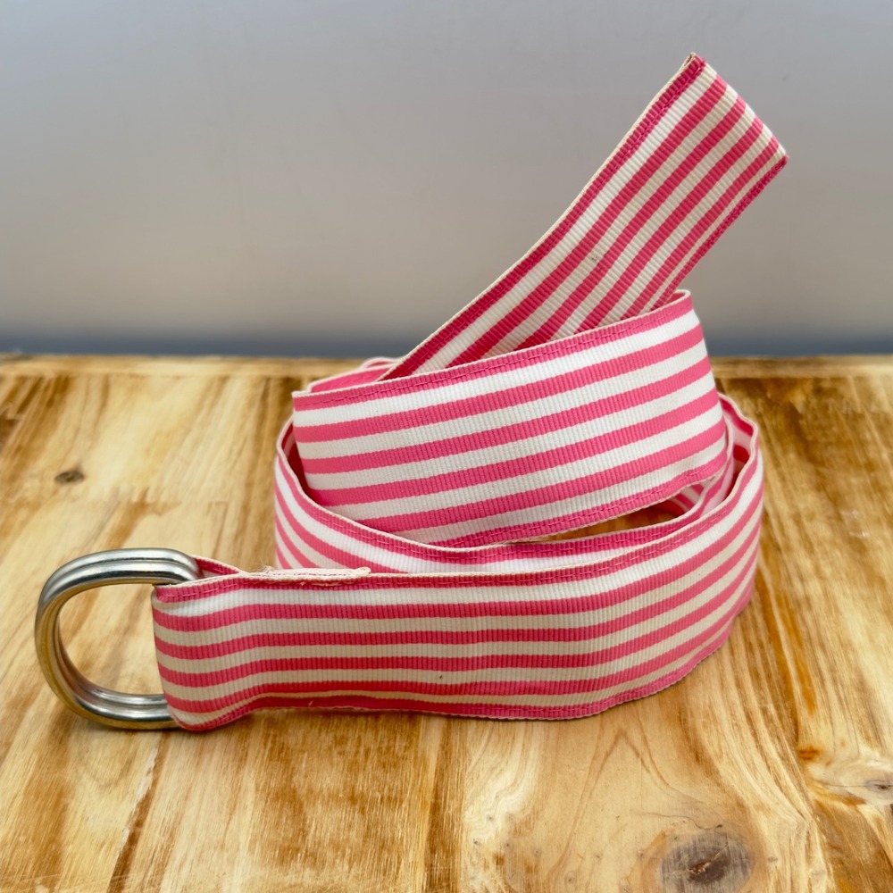 Eliza B Belt Pink White Striped Grosgrain D-Ring Preppy M Handcrafted USA